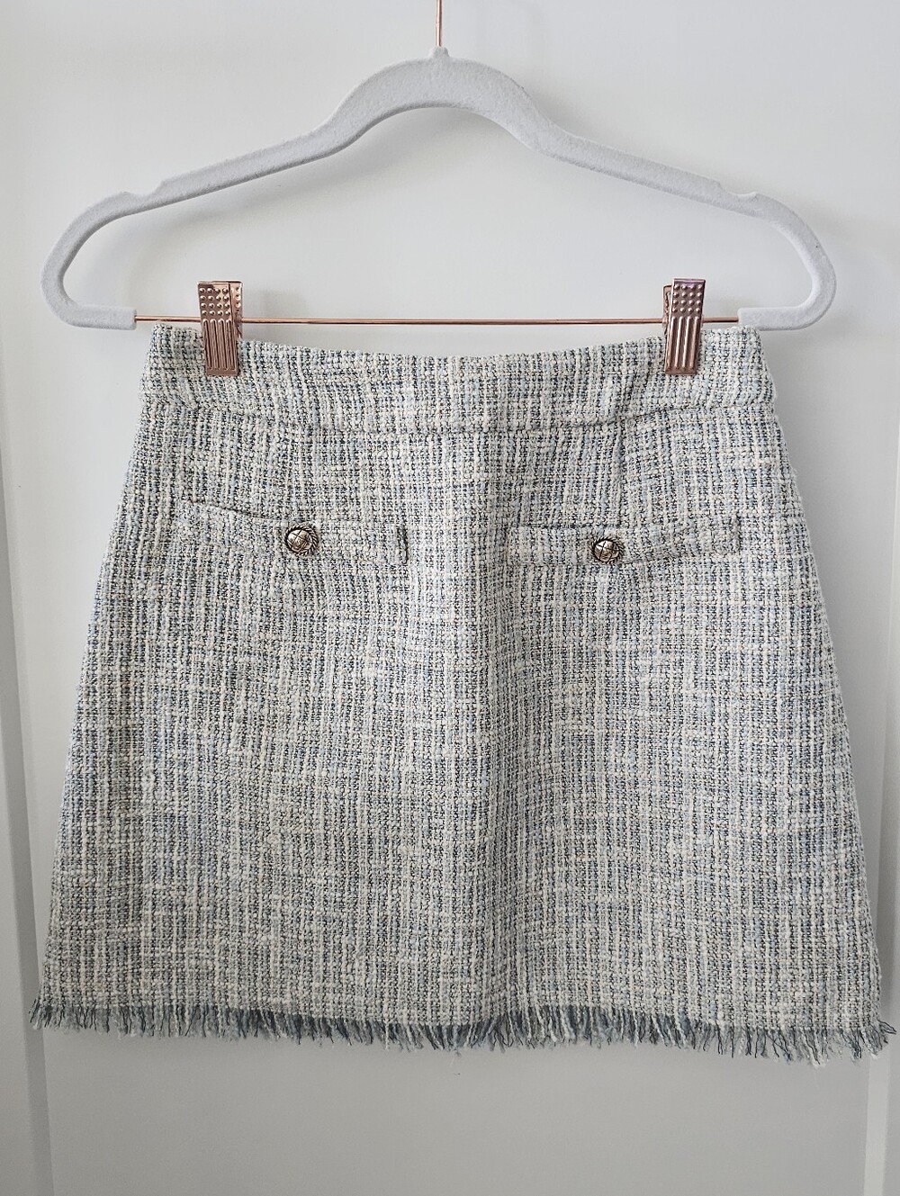 Mint Tweed Fringe Mini Skirt